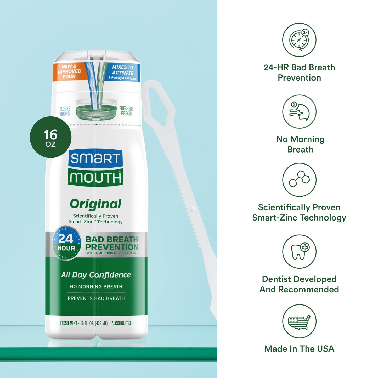 SmartMouth Original Zinc Activated Mouthwash & Tongue Cleaner - Instant Fresh Breath Mouthwash - Eliminates Bad Odors & Bad Breath - Sugar, Gluten & Alcohol-Free - Fresh Mint - 16 fl oz, 1 Count