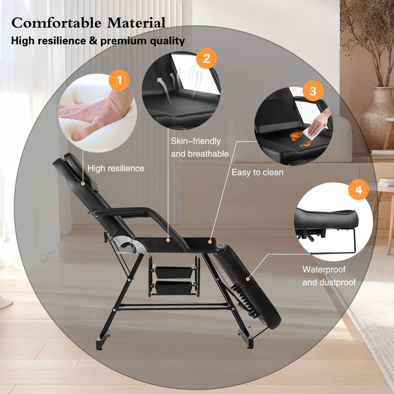 LUXMARS Facial Chair, 73 Tattoo Chair for Client, 3-Section Adjustable Massage Table with Stool, Multipurpose Beauty Beds Salon Equipment for Esthetician, Tattoo Shop, Spa (Black)