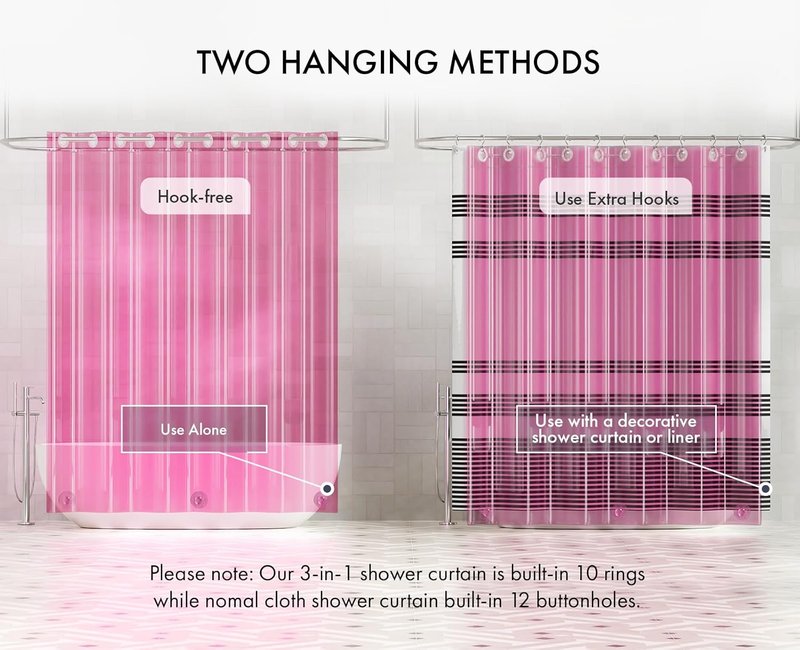 AmazerBath No Hook Shower Curtain and Liner 3-in-1, 8G Luxury Heavy Duty Clear Hot Pink No Hook Shower Curtain Liner, 72x75 Cute EVA Bathroom Weighted Plastic Shower Curtain with 3 Heavyweight Stones