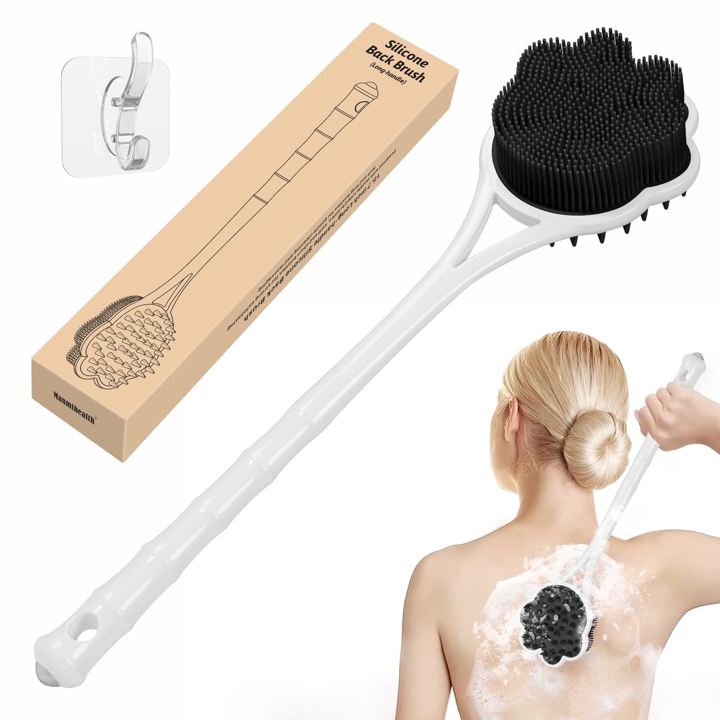 Manmihealth 15.7" Cute Silicone Back Scrubber with Long-Handle, Dual Use Back Brush for Shower with Super-Soft Silicone Bristles, Paw-Shaped Shower Body Scrubber for Sensitive Skin (Black)
