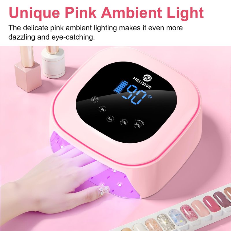 HELIVIVE Cordless UV LED Nail Lamp, 80W Rechargeable Nail Dryer with 4 Timers, Atmosphere Light & Mirror Base, UV Light for All Gel Nails, Ideal for Training,Nail Art Practice,Home & Salon Use (Pink)