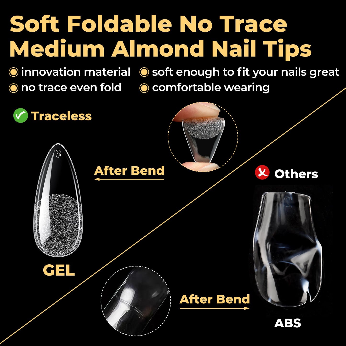 UNA GELLA Medium Almond Nail Tips, Pre Etched Almond Gel Nail Tips, 240pcs Soft Gel Full Cover Clear Press on Fake Nails for Nails Extensions No C Curve DIY Salon at Home 12 Sizes