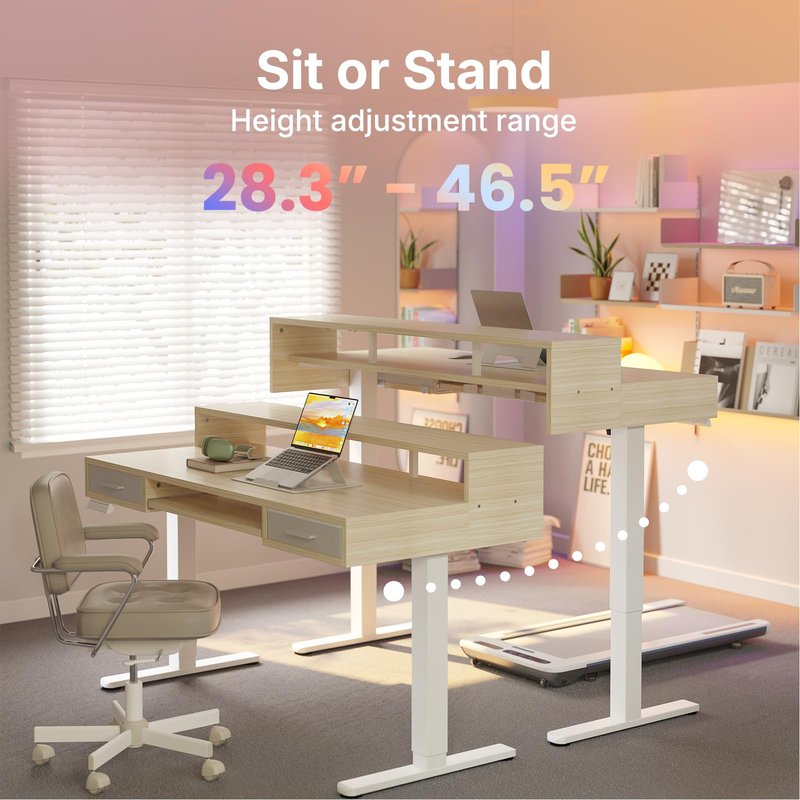HUANUO 63″ x 26″ Electric Standing Desk with 2 Drawers &24.4″ Large Keyboard Tray, C-Clamp Mount Compatible, Adjustable Computer Desk for Office, Sit Stand Up Desk with 4 Height Presets, Light Walnut