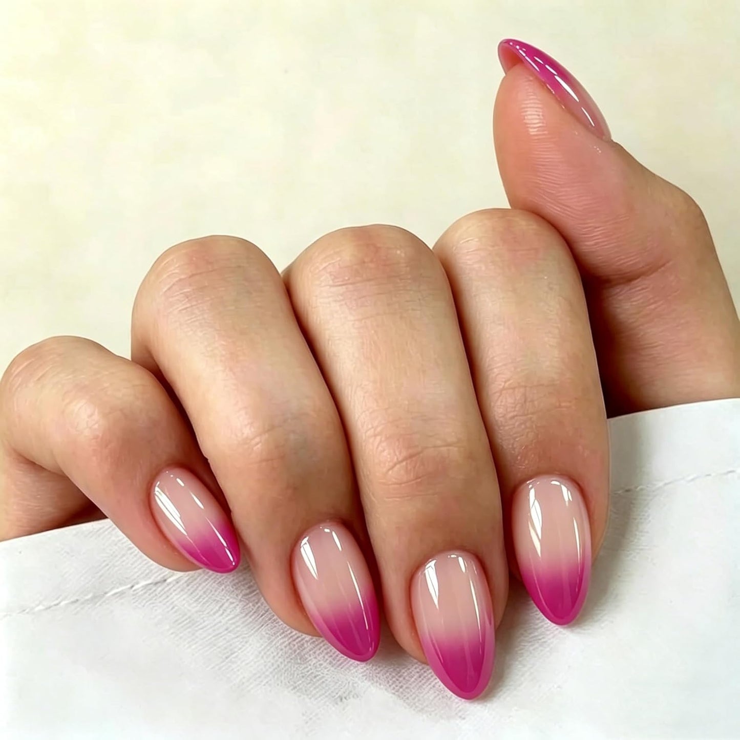 SXVME Press-On Nails - Chrome Ombre Hot Pink Short Almond Design | 30 Pcs Glazed Glitter Stiletto Set