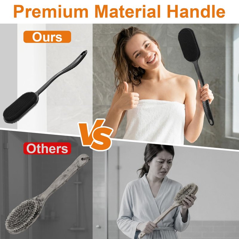 Silicone Back Scrubber for Shower, Long Handle Silicone Body Scrubber with 5.4" Wide Brush Head, Double Sided Back Brush for Shower Exfoliating Massage, 16.5" Silicone Back Brush for Men & Women