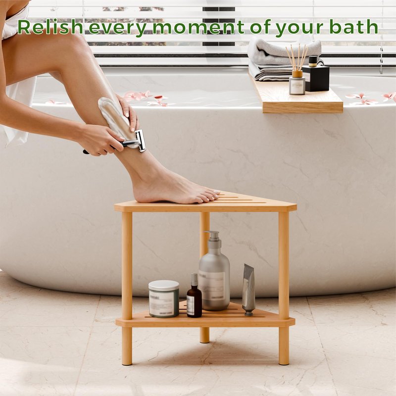 Bamboo Corner Shower Stool - Waterproof Shower Stool for Inside Shower, Shaving Legs & Small Spaces, 2-Tier Shower Foot Rest with Storage Shelf, Bath Seat & Corner Bench for Woman, Mom, Spa