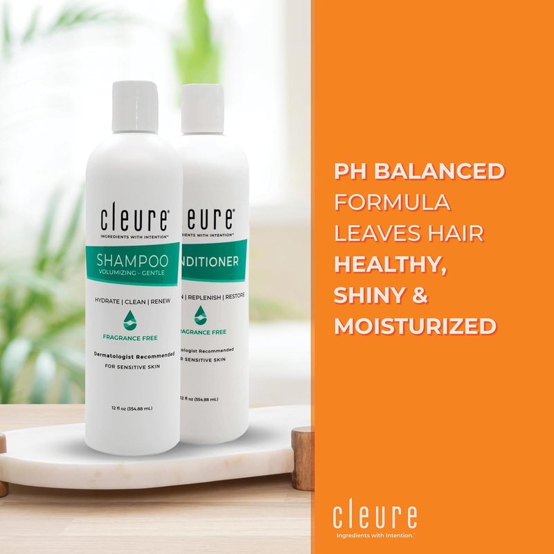 Cleure Volumizing Shampoo & Hydrating Conditioner Set - Sulfate Free, Fragrance Free for Sensitive Skin | 12 Oz Each, Pack of 2