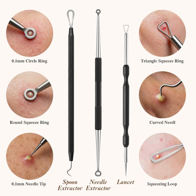 6 Pcs Pimple Extractor Tool Kit, Stainless Blackhead Remover Tools, Professional Comedone Pimple Popper Tools with Leather Bag