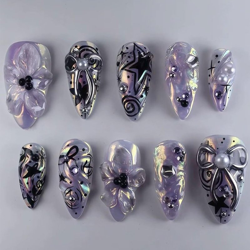 Skiennix 24Pcs Y2K Press-On Nails - Medium Almond Shape with Purple Flowers & 3D Silver Bow Design