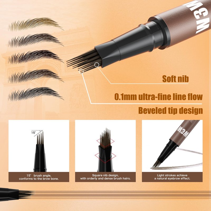 Eyebrow Pencils for Women, W3W 4D Dual-Ended Brow Pen, Angled Square Tip + Ultra-Fine Brush Tip, Waterproof Smudge-Proof, Natural Hair-Like Strokes, Dark Brown (Brunette)