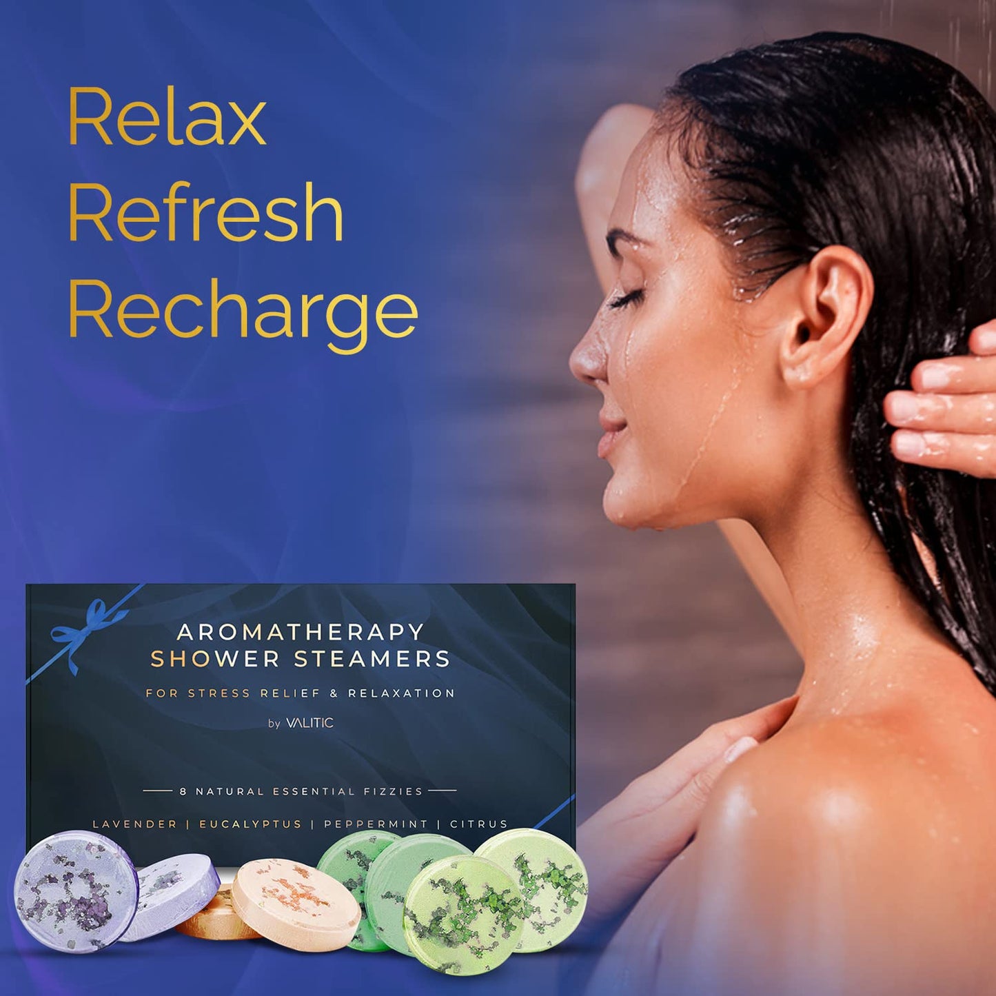 Valitic Aromatherapy Shower Steamers for Stress Relief and Relaxation - Gifts for Women Mom Birthday 8 Natural Essential Fizzies Shower Bombs - 4 Scents - Lavender, Eucalyptus, Citrus, and Peppermint