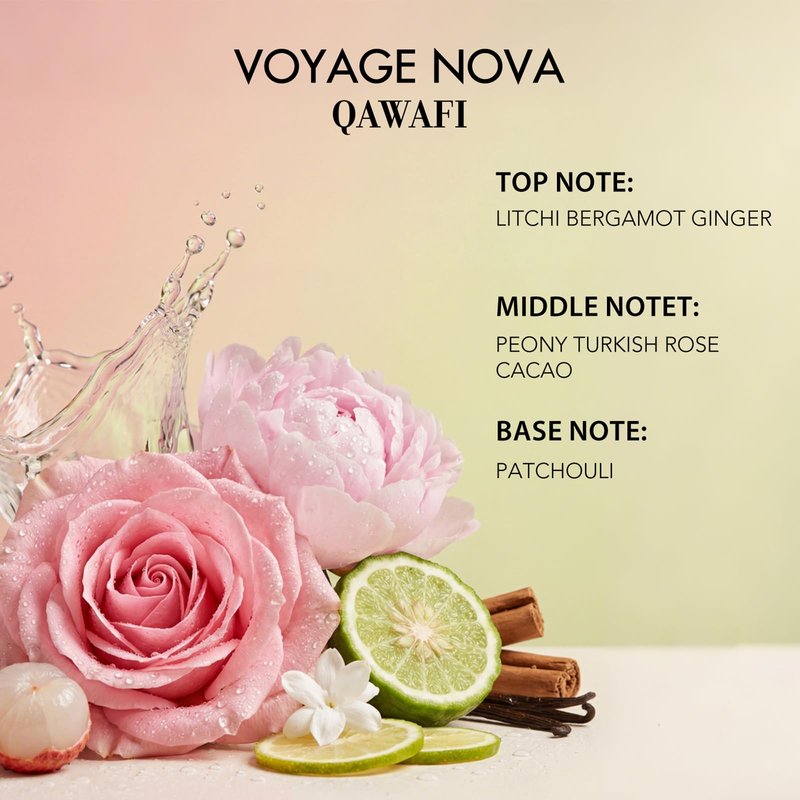QAWAFI Voyage Nova Eau de Parfum for Women, Lychee Bergamot Ginger, Rose Peony Cocoa Blossom, Elegant Patchouli, Long Lasting Spring Fall Perfume, 50ml 1.7fl oz