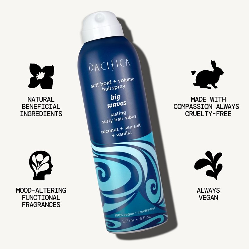 Pacifica Big Waves Coconut, Vanilla & Sea Salt Hairspray – Soft Hold Wavy Hair Texture Spray – Adds Volume & Controls Frizz, Travel Size Beach Hair Essential for Women – Vegan & Cruelty-Free – 6oz