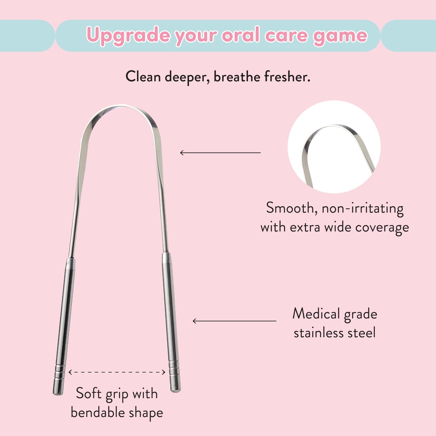 Éclat Stainless Steel Tongue Scraper with Travel Case, Tongue Cleaner for Fresh Breath & Oral Hygiene, Flexible, Durable, Easy-to-Use, Non-Irritating for Oral Care (Combo (U + Looped))