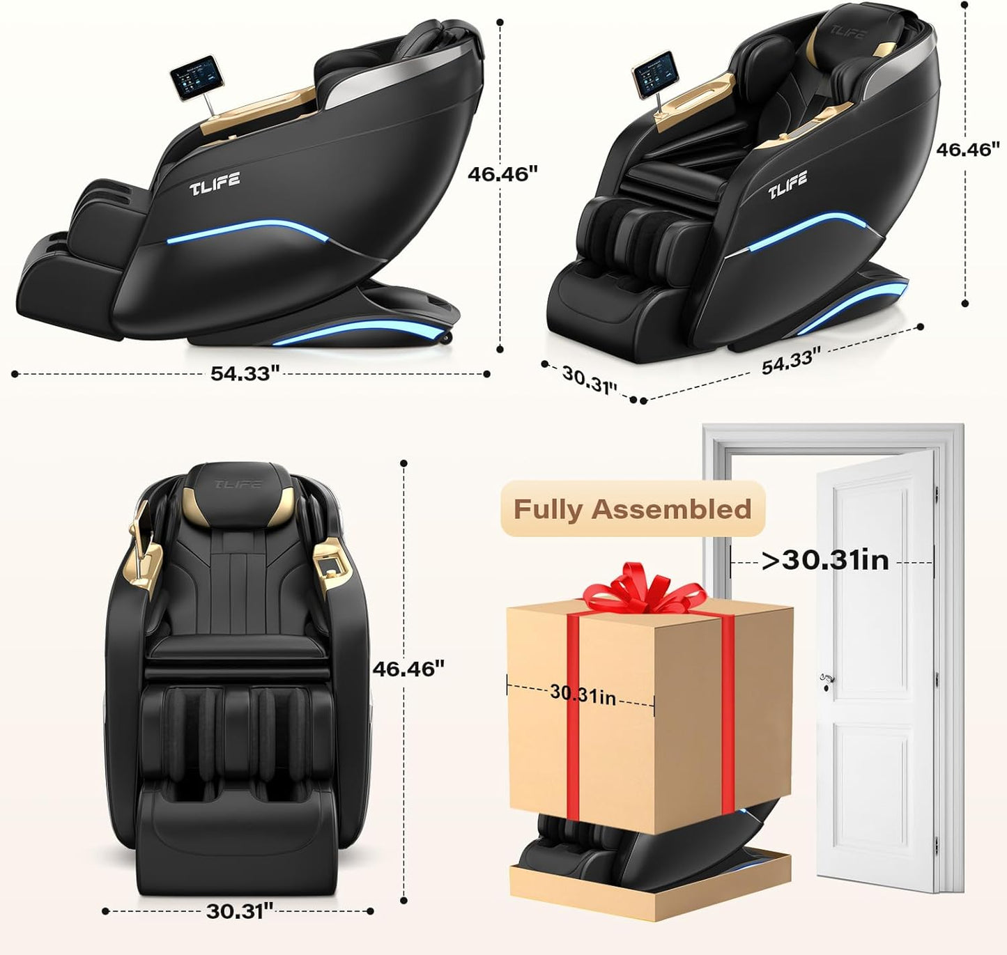 TLIFE Massage Chair Full Body, 160°Zero Gravity Recliner with Body Scan, 50" SL-Track Shiatsu Massage Chair, Fixed Point Massage, Foot Rollers, 12 Auto Modes, Deep Yoga Stretch, Heating, Black