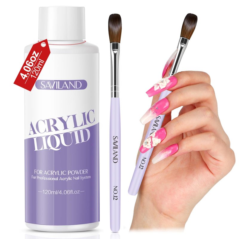 SAVILAND Monomer Acrylic Nail Liquid: 4 oz Non-Yellowing Acrylic Liquid Monomer for Nails with #12 Nail Brush for Beginners DIY at Home Professional Salon Use