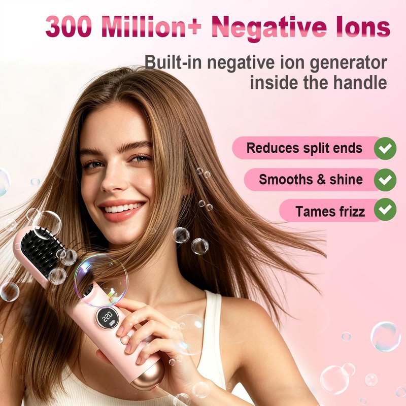 Go Brush Pro 2026 Upgraded Cordless Hair Straightener Brush for Short Hair, LED Display, MCH Heating, 9 Heat Settings 120°C–220°C (248°F–428°F), 200M Negative Ions