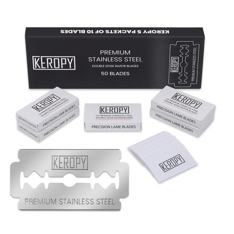 KEROPY Double Edge Safety Razor Blades - 50 Count Premium Surgical Stainless Steel, Chromium Coating, Zero Irritation