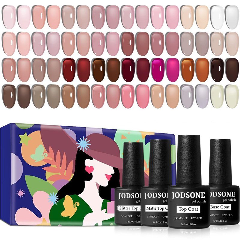 JODSONE Jelly Gel Nail Polish Set, 32 Colors Sheer Pink Gel Polish Set with Base & Top Matte Glitter Coat for Nail Art DIY Salon at Home