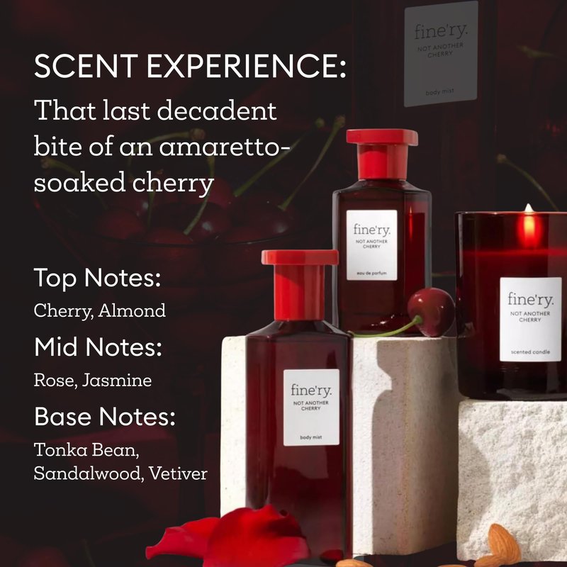Fine'ry Not Another Cherry Deluxe Fragrance Gift Set | Eau De Parfum, Candle & Body Mist | Fruity & Floral Notes Of Cherry, Rose & Almond | Luxury Body & Home Signature Scent Trio