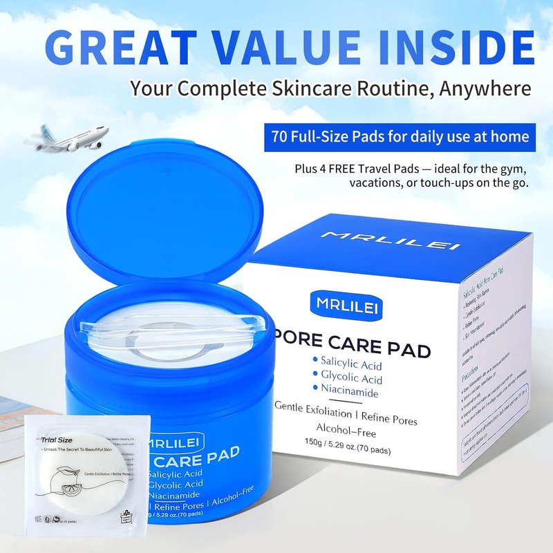 Skiennix BHA Salicylic Acid Toner Pads - Dual-Textured Exfoliation with Glycolic Acid & Niacinamide | 70 Pads + 4 Trial Pads