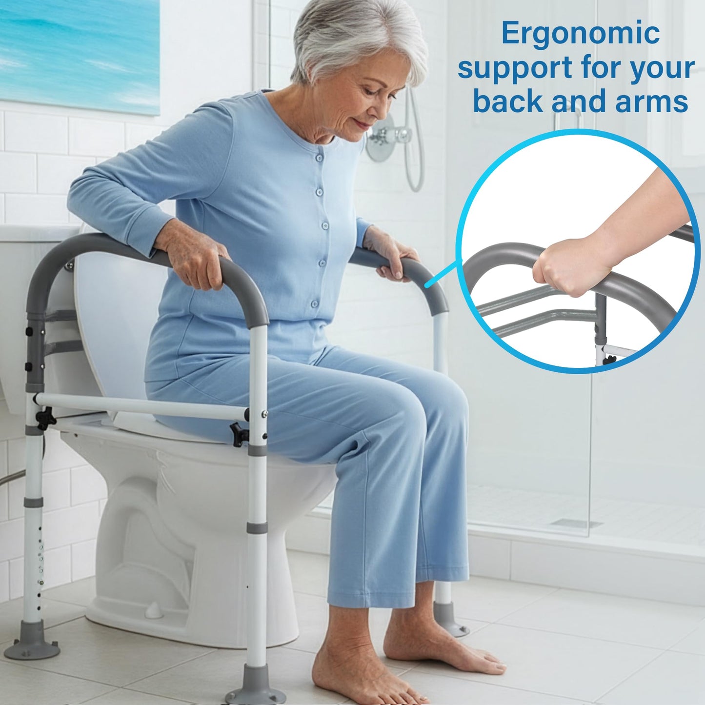 Vaunn Medical Adjustable Toilet Safety Rail for Seniors, Foldable Toilet Safety Frame for Elderly Adults, Bathroom Grab Bar Handle, Toilet Handle for Elderly & Disabled, Free-Standing (Gray)