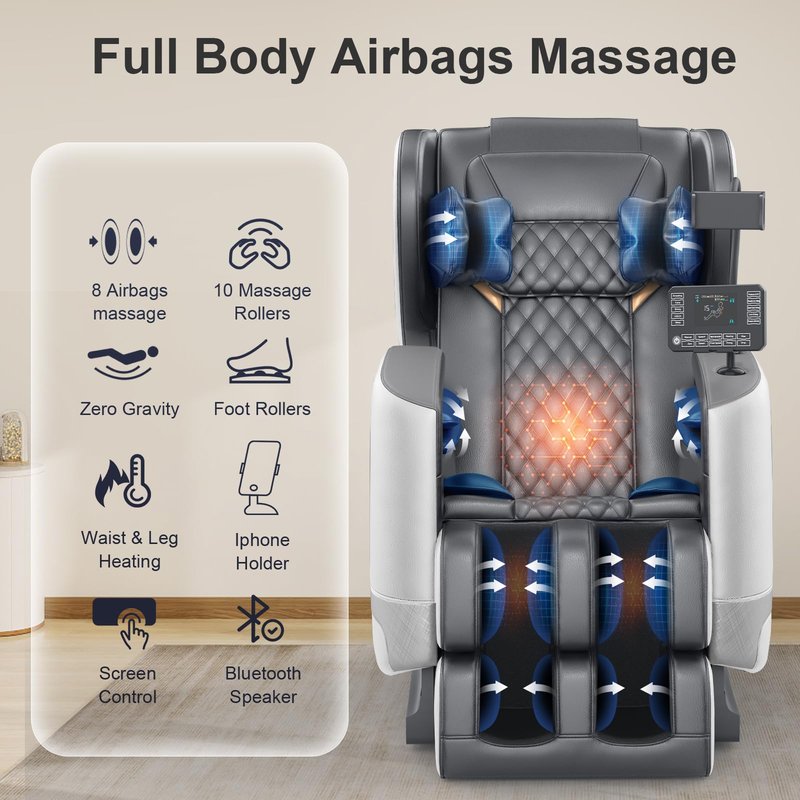 FURNIMAT 2026 Massage Chair Full Body, Zero Gravity Massage Chair with 10 Fix Rollers, Airbags, Heating, Foot Massage, Auto Modes, Bluetooth Speaker, Smart Screen Controller(Light Gray)