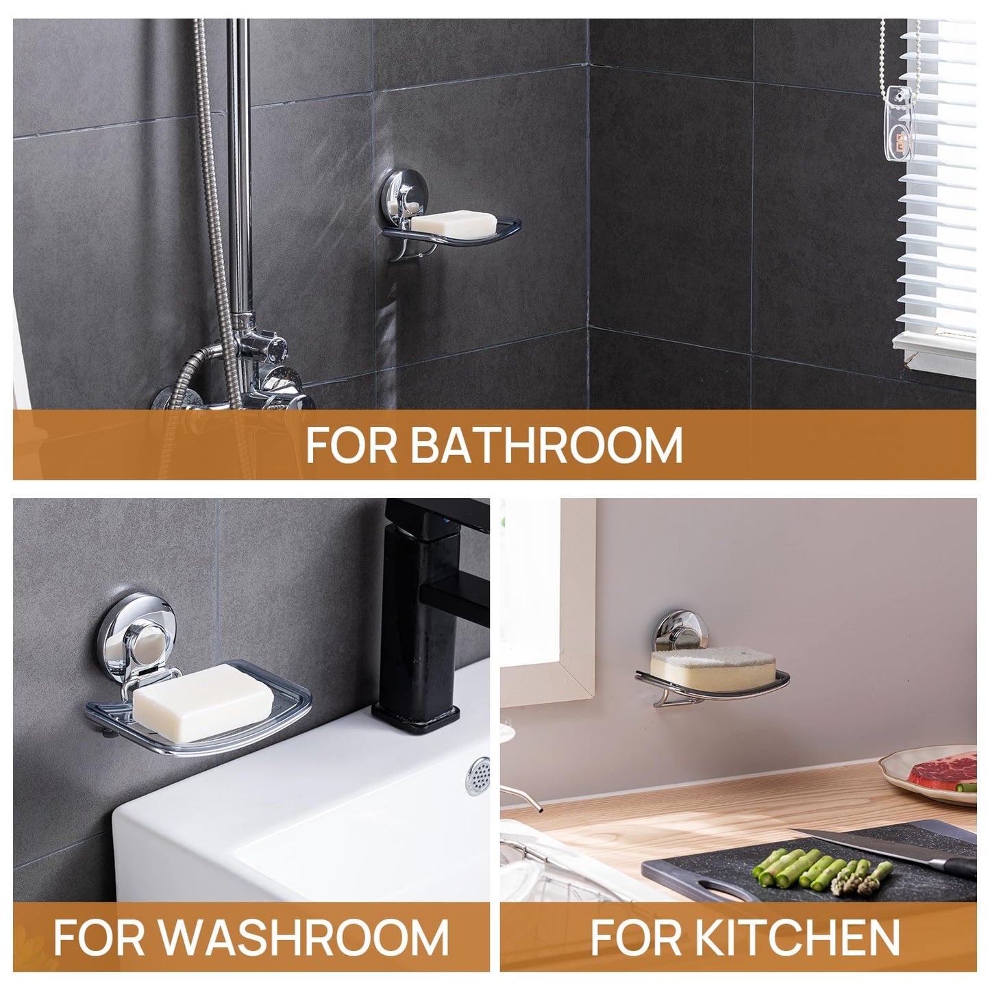 LEVERLOC Chrome Suction Cup Soap Dish Holder for Shower Wall Drill-Free Rustproof Waterproof Wall Mount Strong Suction Removable Bar Soap Sponge Holder for Bathroom Bathtub Kitchen