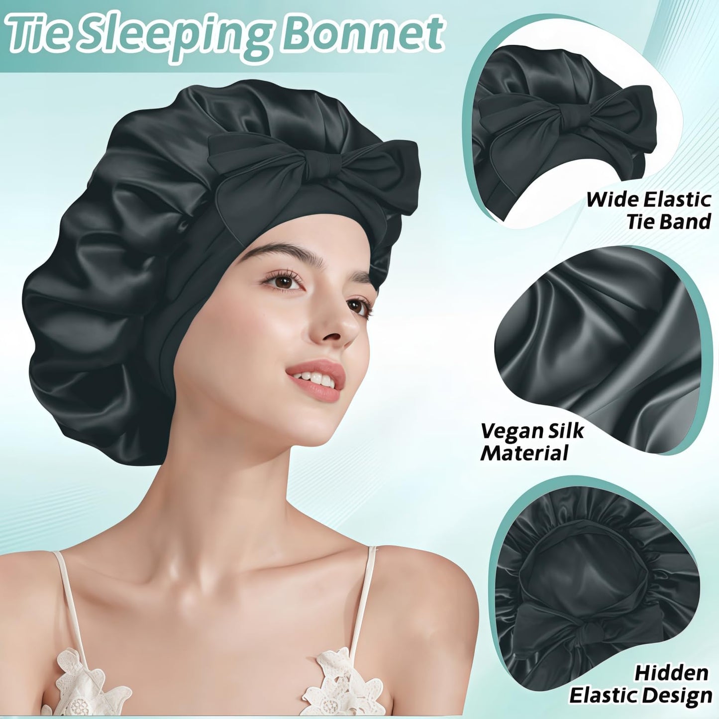 VECIIR Silk Bonnet for Sleeping Women, Ajustable Hair Bonnet for Curly Hairs Satin Bonnet Reduce Friction Prevent Frizz Black，Large