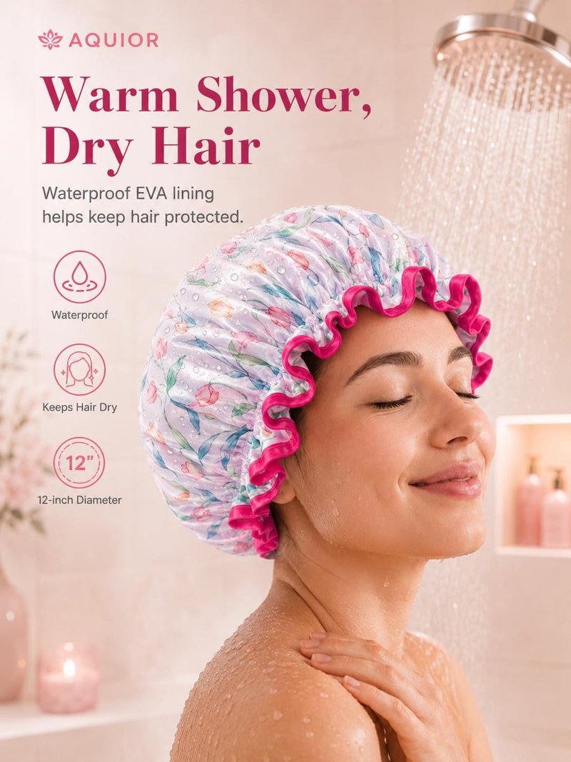 Aquior Shower Cap for Women, Waterproof Reusable Hair Cap with Soft Elastic, Large Size for Long Hair, Cute Bath Cap for Shower, Skincare, Cooking, Spa and Travel Use