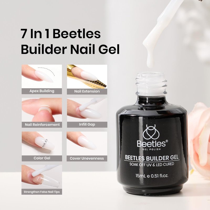 Beetles Builder Gel for Nails -0.5 oz 7 in 1 Milky White Gel,Nail Thickening Strengthening Building Apex for Beginner DIY Salon at Home,White Builder Nail Gel,UV & LED Lamp Cured Needed