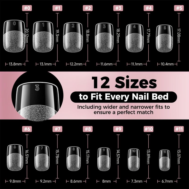Luckyfairy Square Nail Tips: 240Pcs Short Squoval Soft Gel Tips, Pre-Etched Full Cover Gelly Fake Nails, No Filing Needed, Thin Cuticle & Thick Tip Clear Extension System for DIY Home Salon 12 Sizes