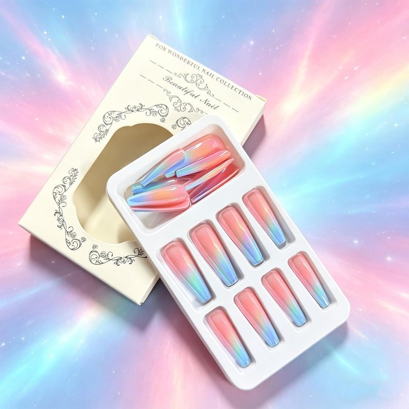 Pink Blue Gradient Press-On Nails - Glossy Long Coffin Acrylic | 24 Pcs Reusable Full Cover for Summer Beach Wear