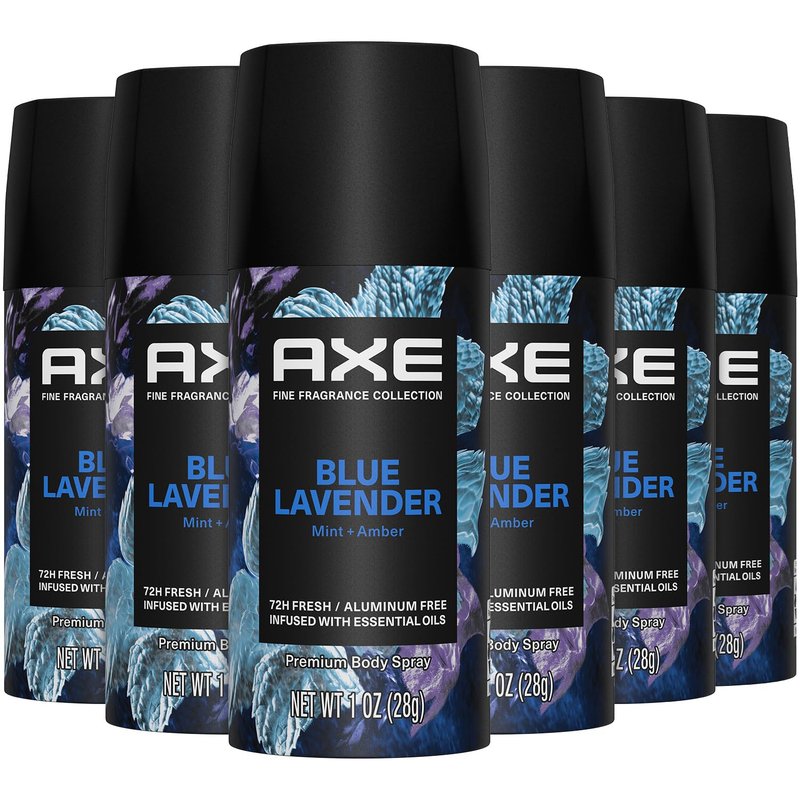 AXE Aluminium-Free Deodorant Body Spray, Travel Size, Blue Lavender 6 Pack, 72 Hour Odor Protection, Mint + Amber, 1 Oz Each