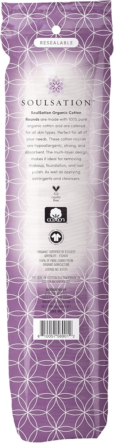 SoulSation Organic Cotton Rounds - Lint-Free Makeup Remover Pads, 400 Count for Gentle Cleansing