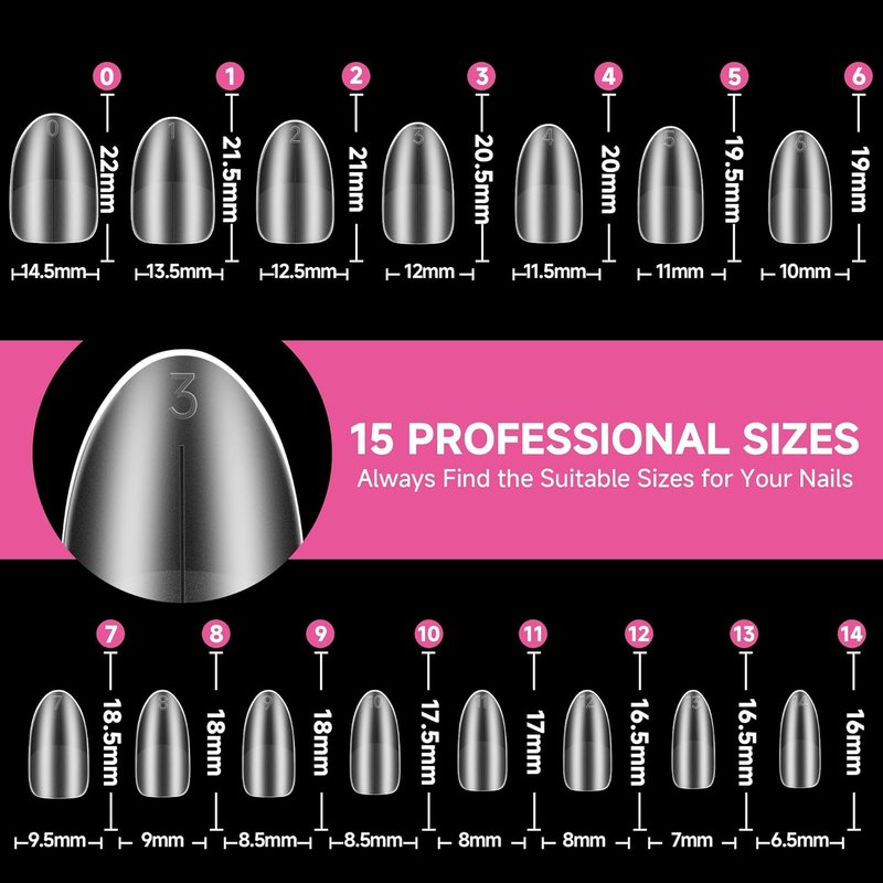 Short Oval Almond Nails - 504 Pcs Full Matte Acrylic Fake Nail Tips | 15 Sizes for DIY Nail Art