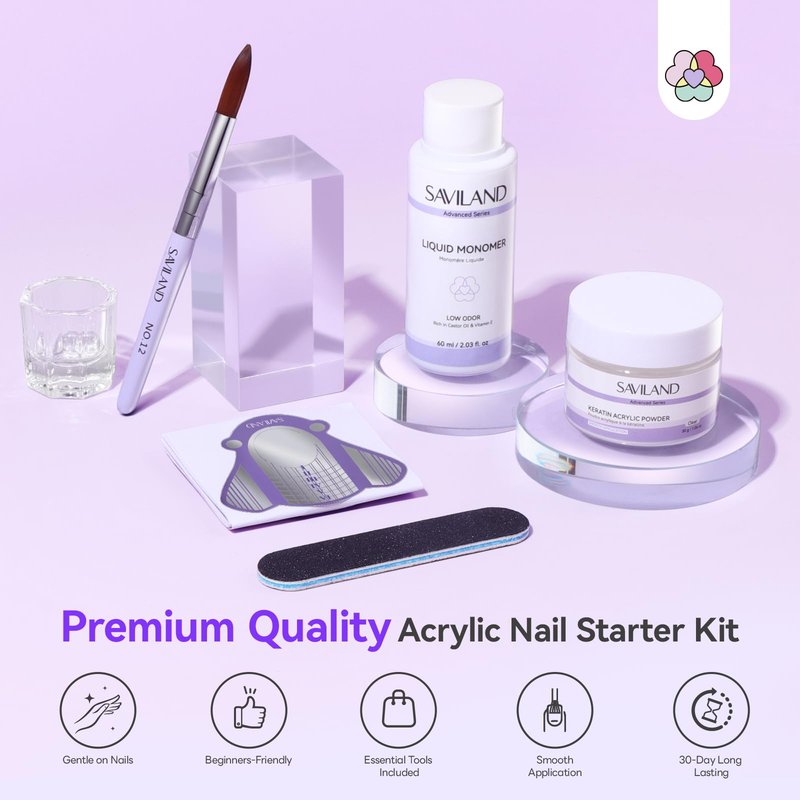SAVILAND Acrylic Nail Kit for Beginners: 30g Clear Acrylic Powder and Liquid Set with #12 Nail Brush, Forms & Manicure Tools for Extensions DIY 3D Nail Art Sculpting Home Salon Use