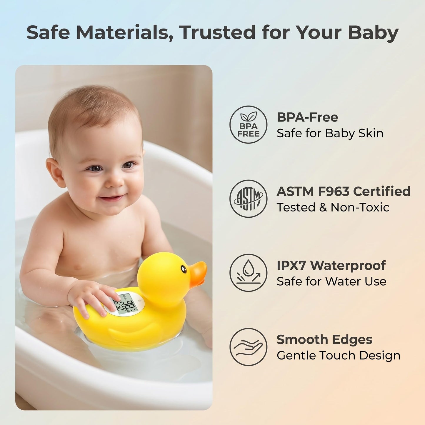 Baby Bath Thermometer with Smart Temperature Alert, Accurate Digital Water Thermometer, Adjustable High Temp Alert for Newborns, Floating Duck Toy with Timer, LED & Sound Alarm, BPA-Free, Waterproof
