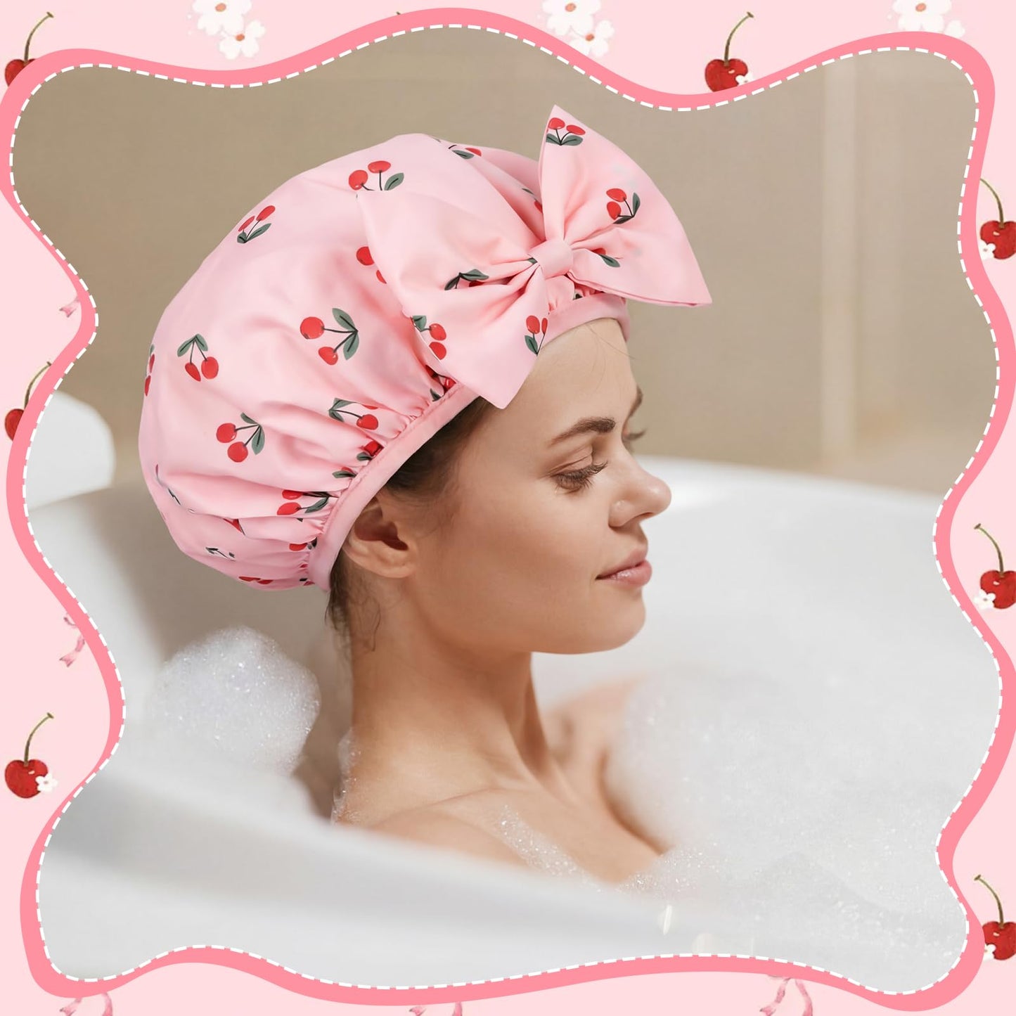 ramede Large Satin Lined Shower Cap for Women Reusable Waterproof Double Layer Bath Cap with Cherry Bow Large Washable Bath Caps with Soft Elastic Band Protect Long Hair Braids