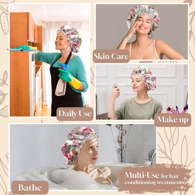 Zewurtuw Luxury Shower Cap Adjustable Reusable Double Waterproof Layer Elastic Satin Lined Hair Bath Cap Cute Aesthetic Women Girls-Peony