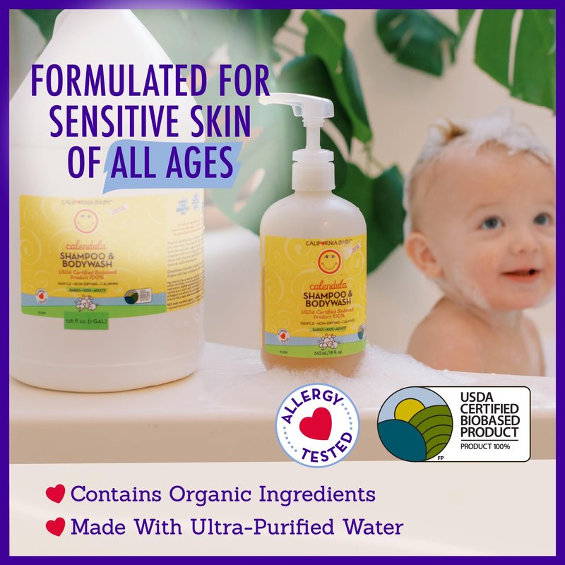 California Baby Calendula Baby Shampoo + Baby Wash | 100% Plant-Based | Soothing Lavender Body Wash For Sensitive Skin | Hypoallergenic | 562mL / 19oz