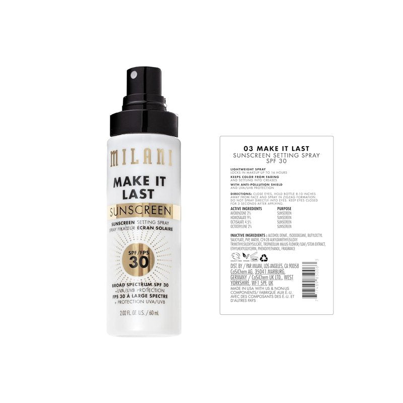 Milani Sunscreen Setting Spray - SPF 30 Face Primer with Antioxidants | 2.02 Fl. Oz - 2 Pack