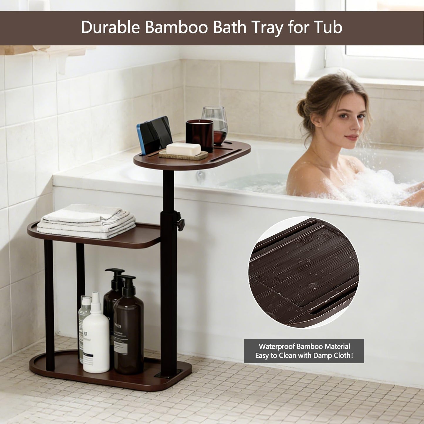 3 Layer Bathtub Tray Table,Bamboo Swivel Bathtub Side Table Height Adjustable,Freestanding Bathtub Tray for Tub Against Wall,Bathtub Accessories&Bathroom Organizer for Luxury Home Spa (Brown)