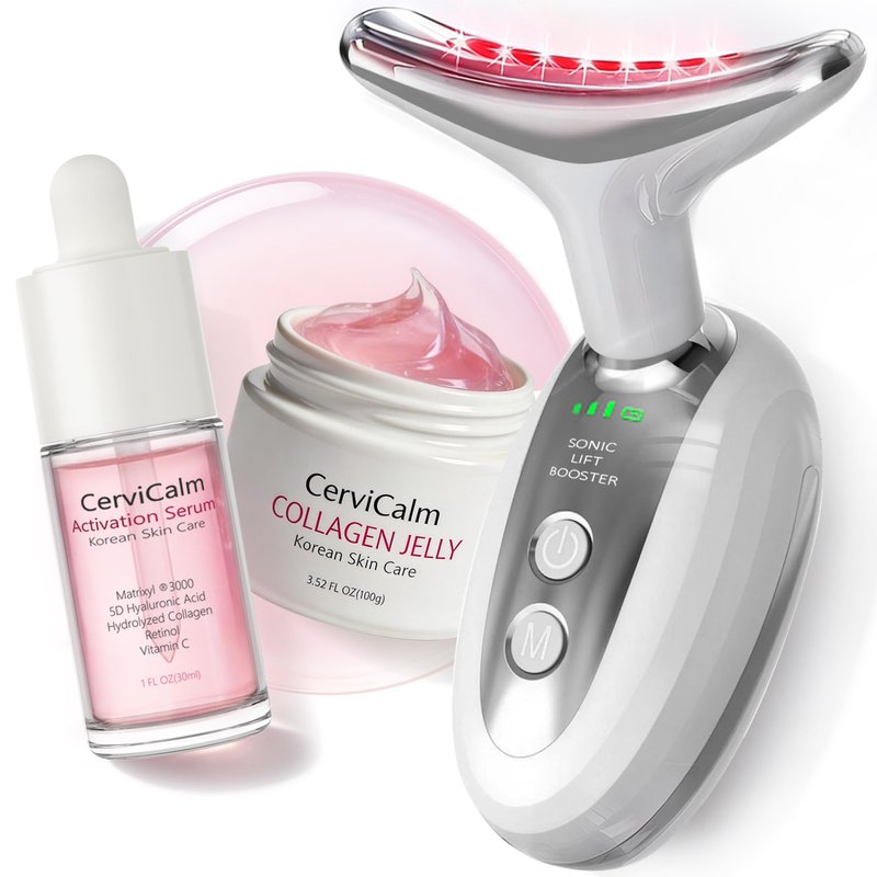 CerviCalm Red Light Face and Neck Beauty Device,3-in-1 Facial Massager Tool with LED, Heat & Vibration, with 5D Activation Serum & 5D Collagen Jelly for Skin Tightening & Lifting & Lymphatic Drainage