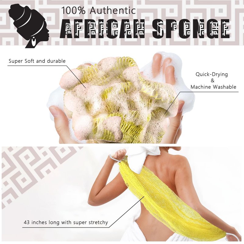 African Net Sponge Authentic with Knots - African Exfoliating Net Sponge with Handles for Body Scrubber Exfoliator - Real Africa Back Wash Bath Sponges for Shower Machine Washed & Bathing Accessories