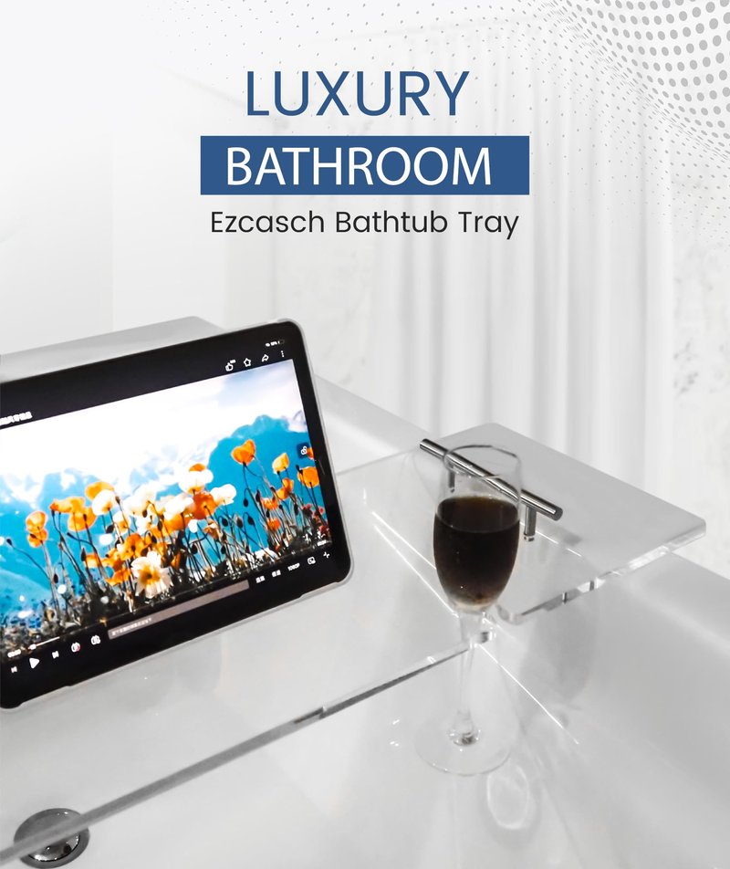 Ezcasch Acrylic Bathtub Tray Bathtub Tray Caddy Bath Tray Table for Tub Luxury Spa with Book and Wine Glass Holder Bathroom Accessories for Decorative Bathtubs, Transparent 31.5inch