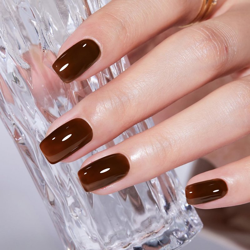 Modelones Brown Press-On Nails - Short Square Fake Nails, Reusable Kit with Glue & Mini File | 32 Pcs, 16 Sizes