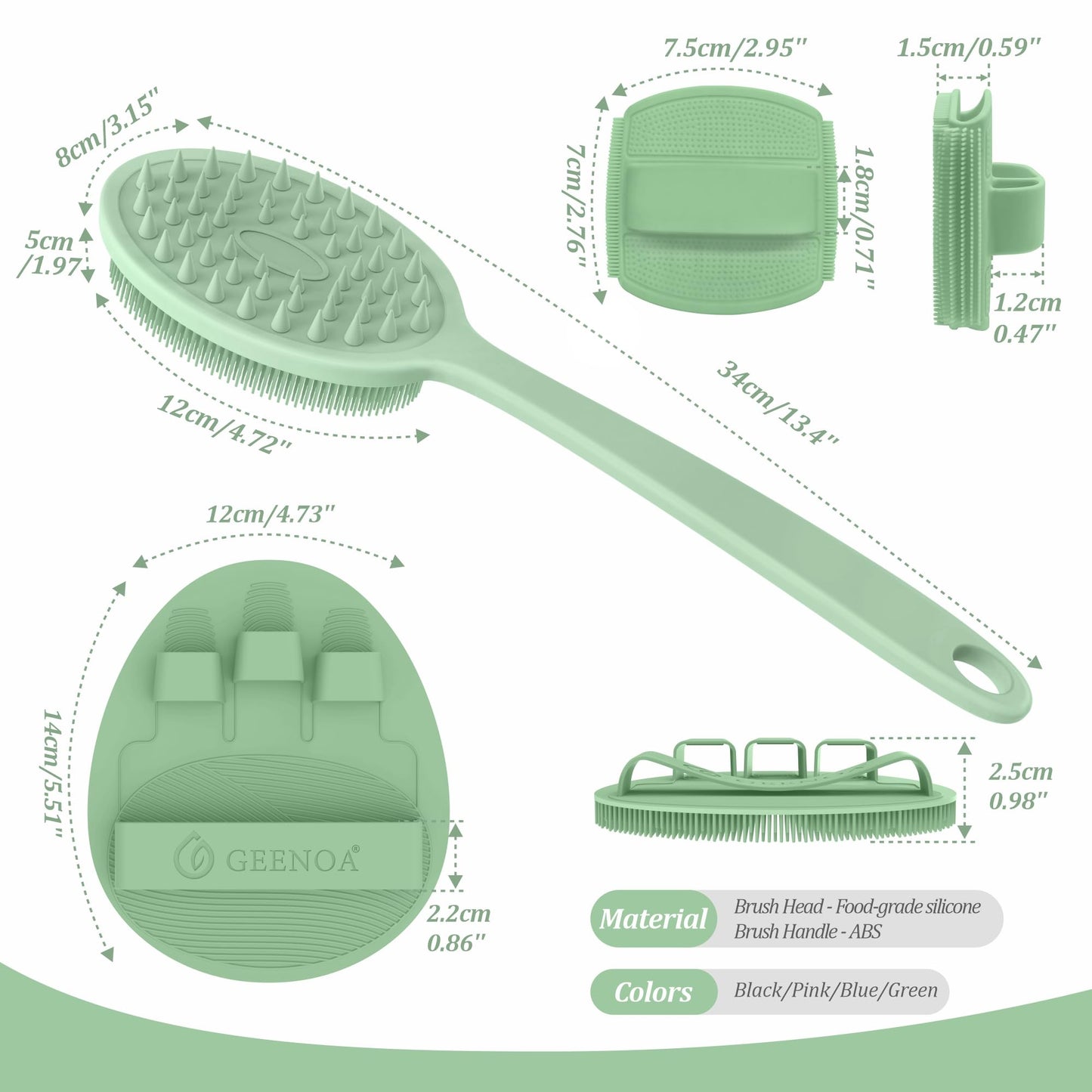 GEENOA Silicone Back & Face Scrubber & Bath Glove Set 3PCS, 13.4'' Gentle Back Scrubber with Dual-Side Head, 360° Anti-Slip Bath Glove, Unique Side-bristled Face Scrubber for All-round Cleaning(Green)
