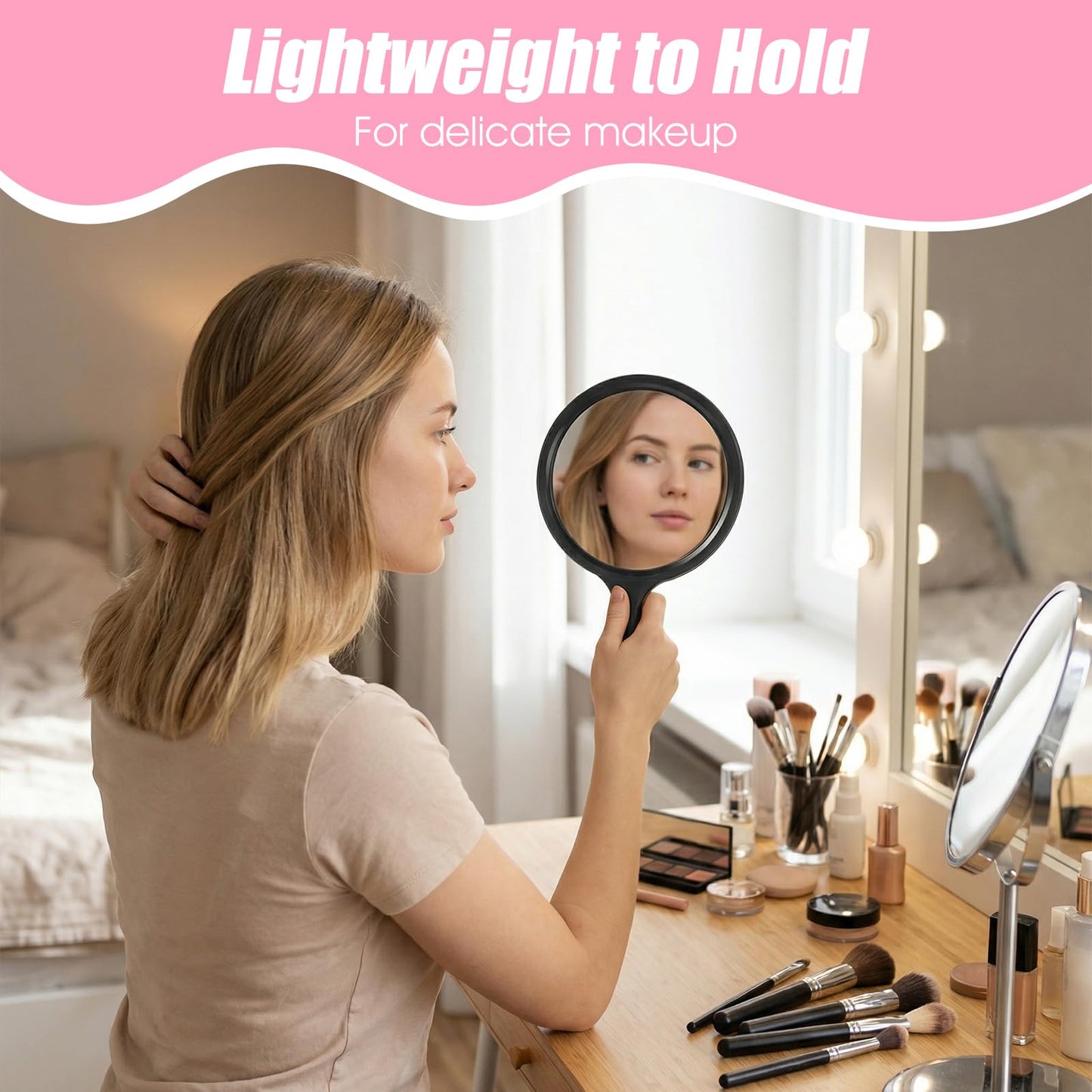Xinjoduz Handheld Mirror with Handle 8.3 X 4.6 Inches, Compact Double Sided Hand Held Mirrors with 1x/2x Magnification, Portable Travel Essential Makeup Mirror for Women Precision Makeup, Black
