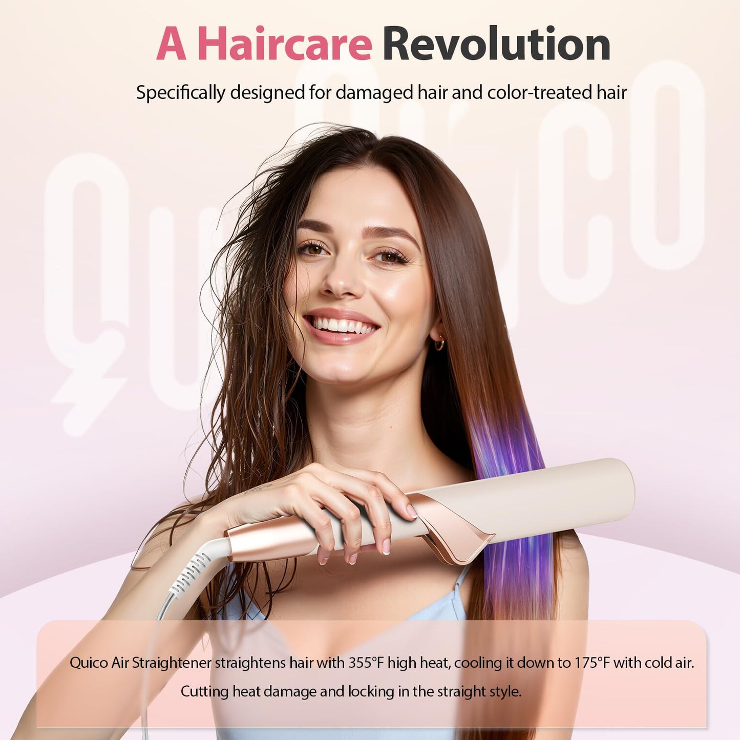 Upgraded Hair Air Straightener, Quico Dual Voltage High-Speed Airflow 2 in 1 Straightener and Curler Travel Airstraight, 5 Temps Ionic Care Flat Iron Hair Straightener, 100-240V, No Heat Damage, Pink